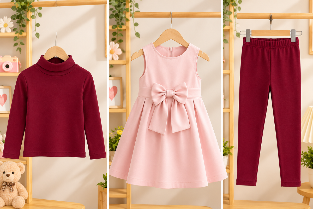 Girls’ Pink Bow Dress & Maroon Leggings 3-Piece Set