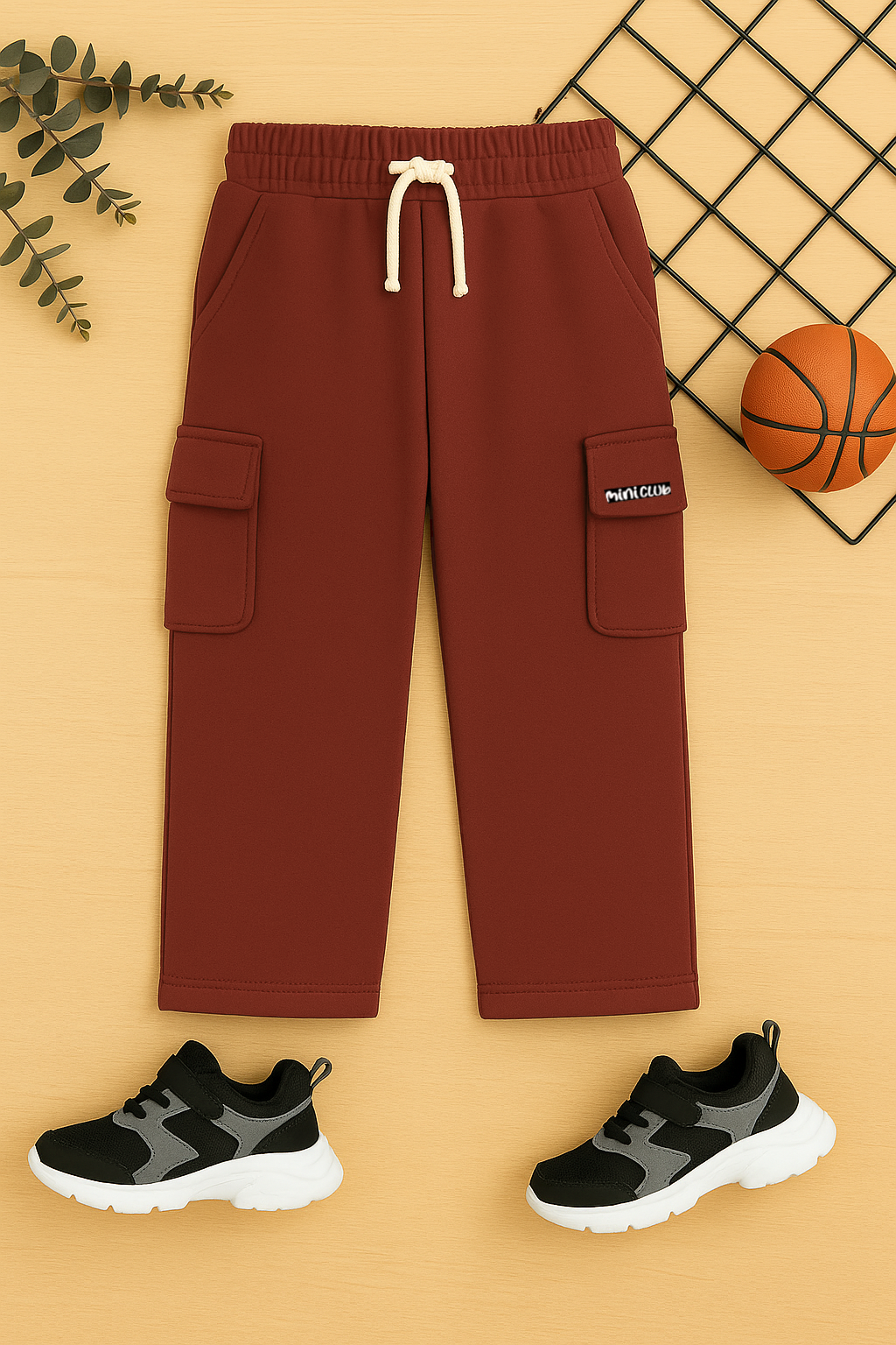 Street Style Maroon kids pockets Baggy trouser