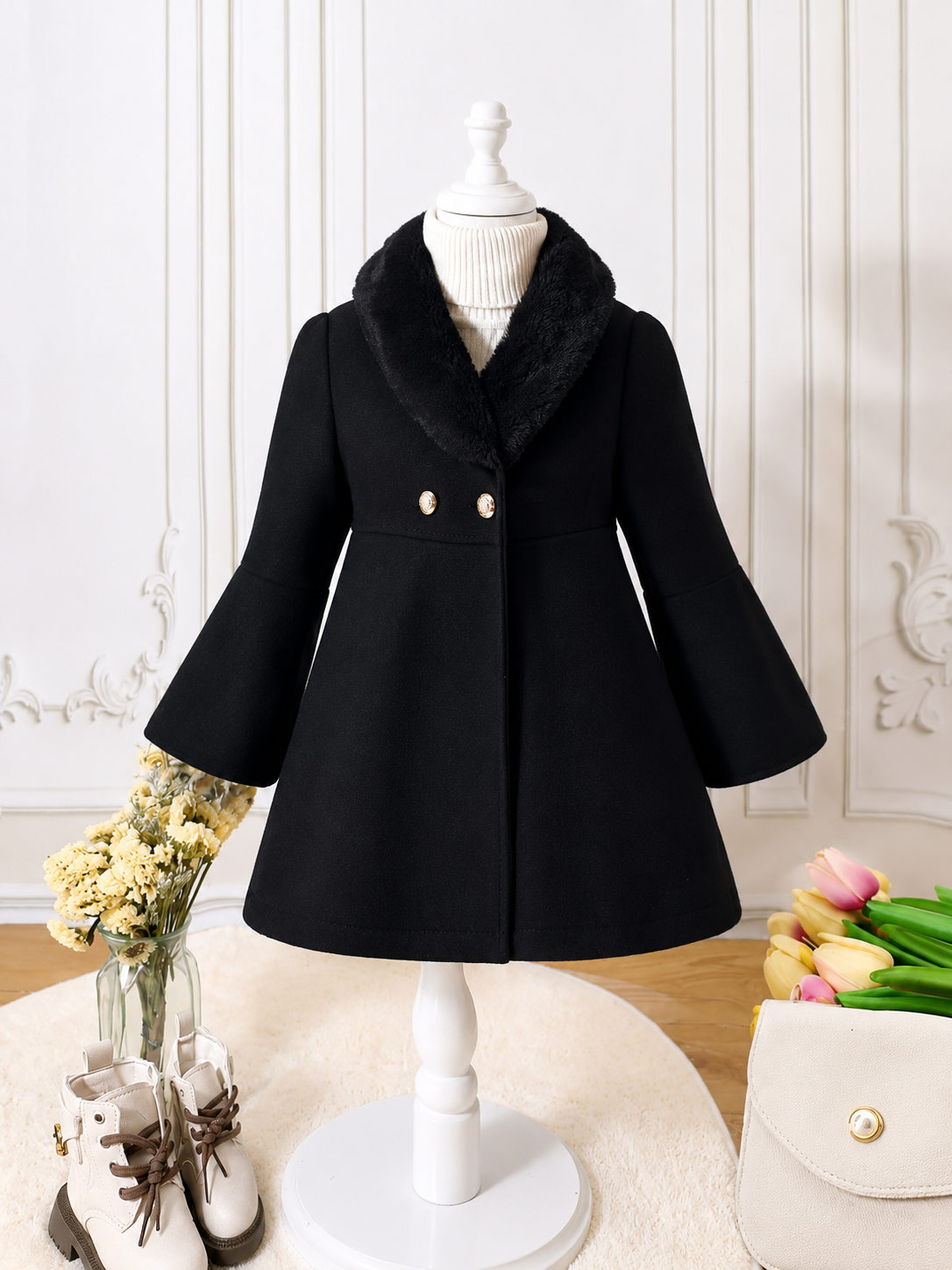 Black Olivia Fur Collar Winter Coat