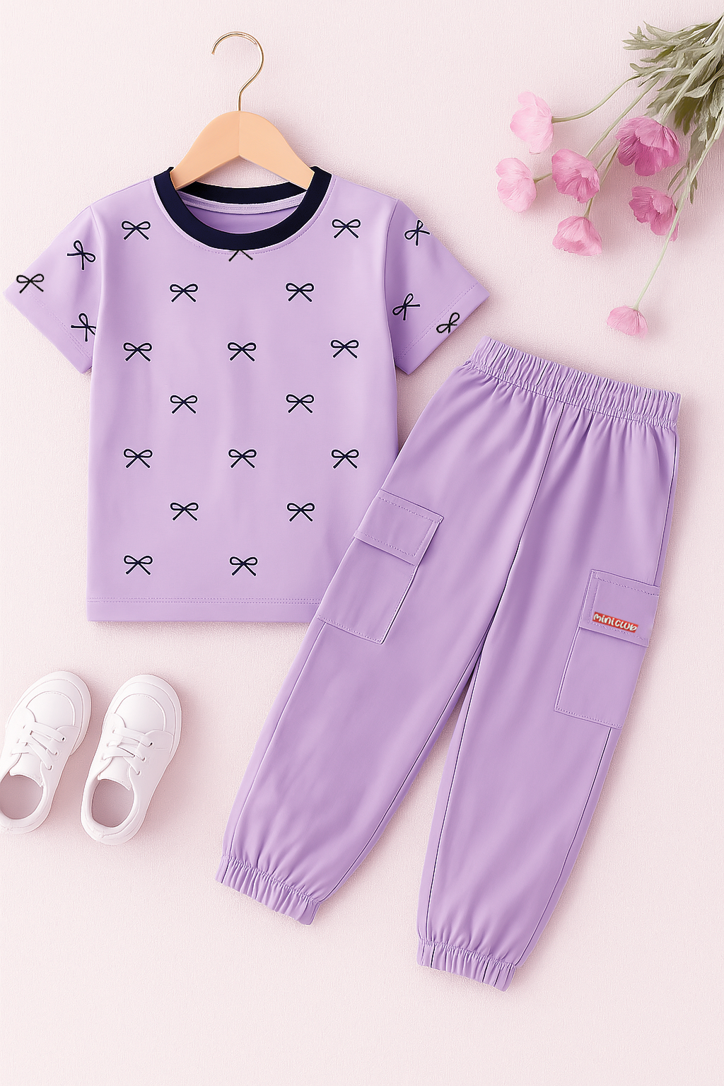 Light Purple Blush Bow girl kids summer t shirt & trouser