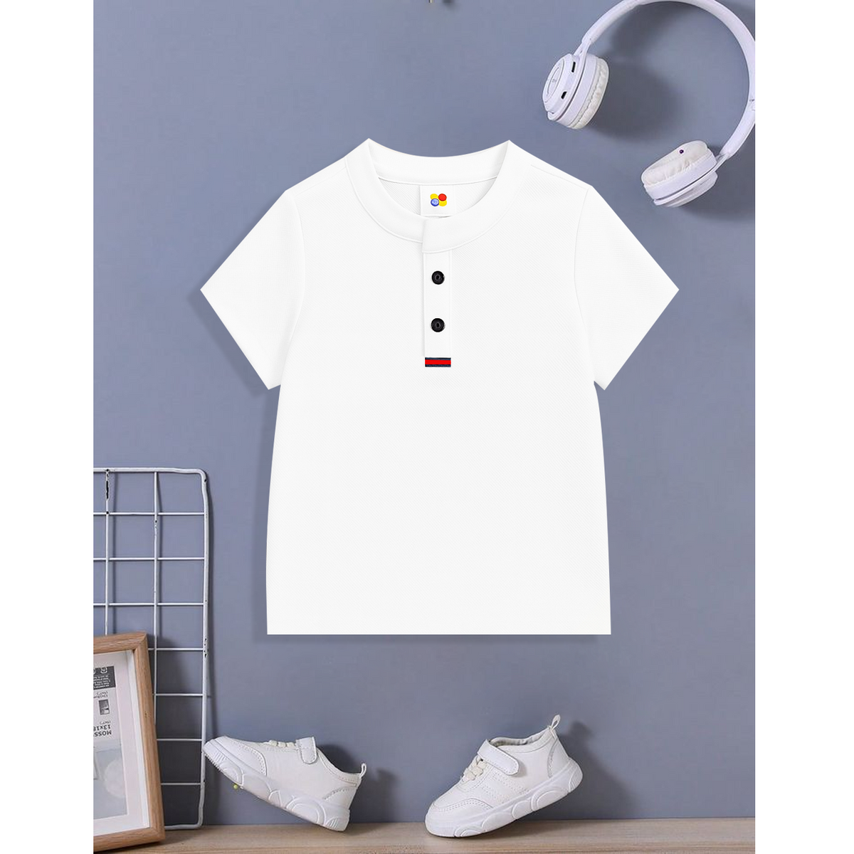 White Button up henley kids Summer Shirt