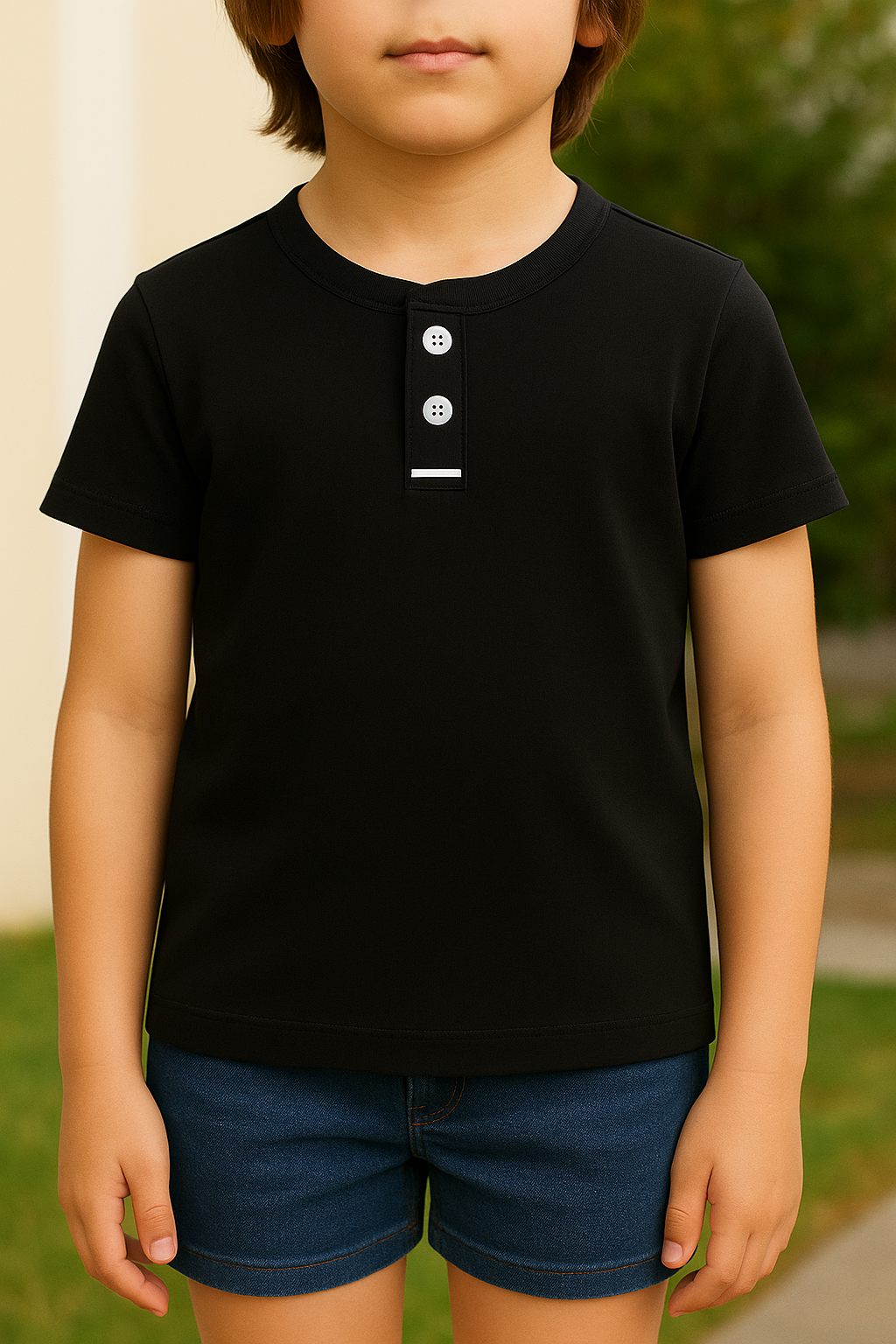 Black Button up henley kids Summer Shirt