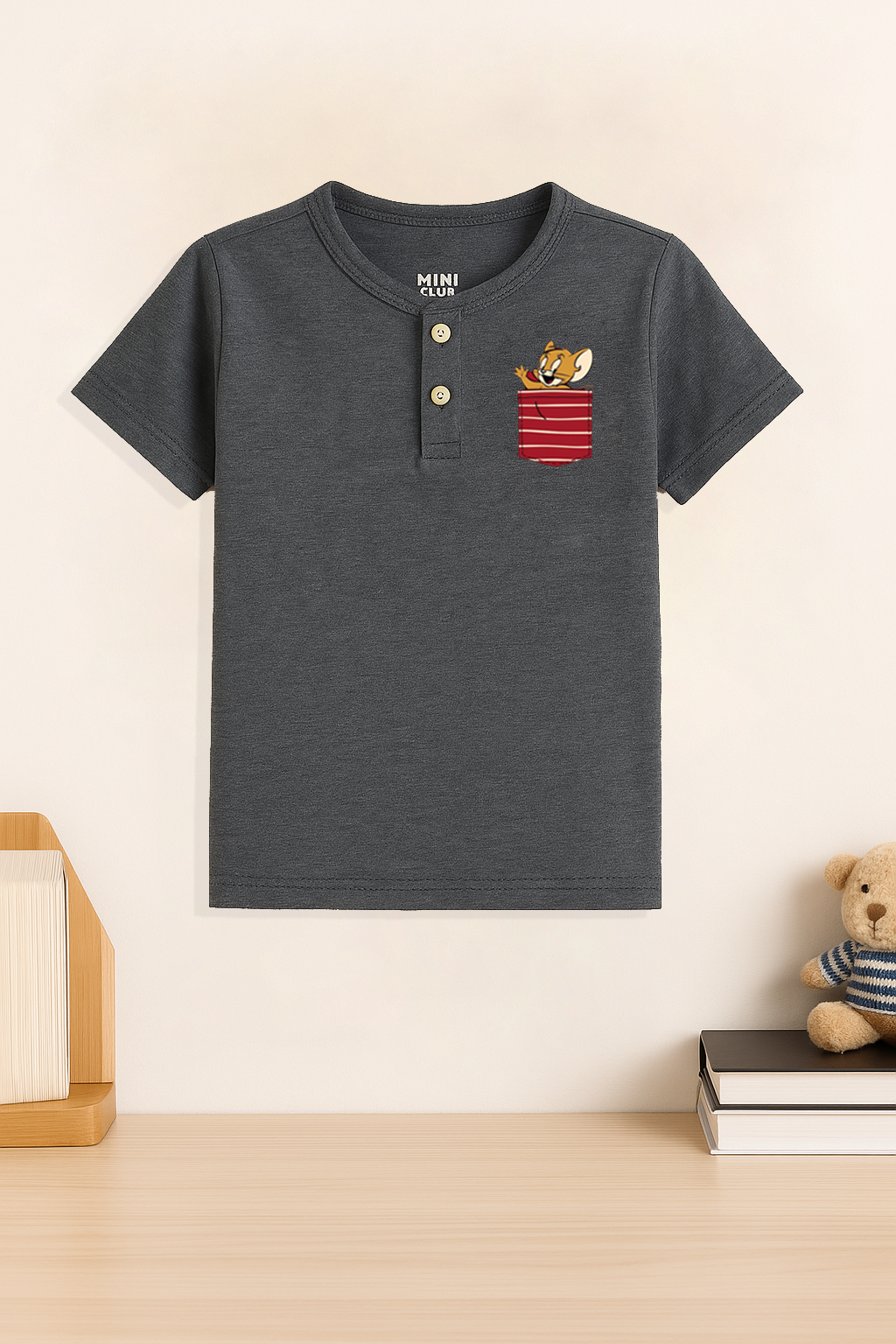 Henley Neck Jerry Cartoon Pocket T-Shirt