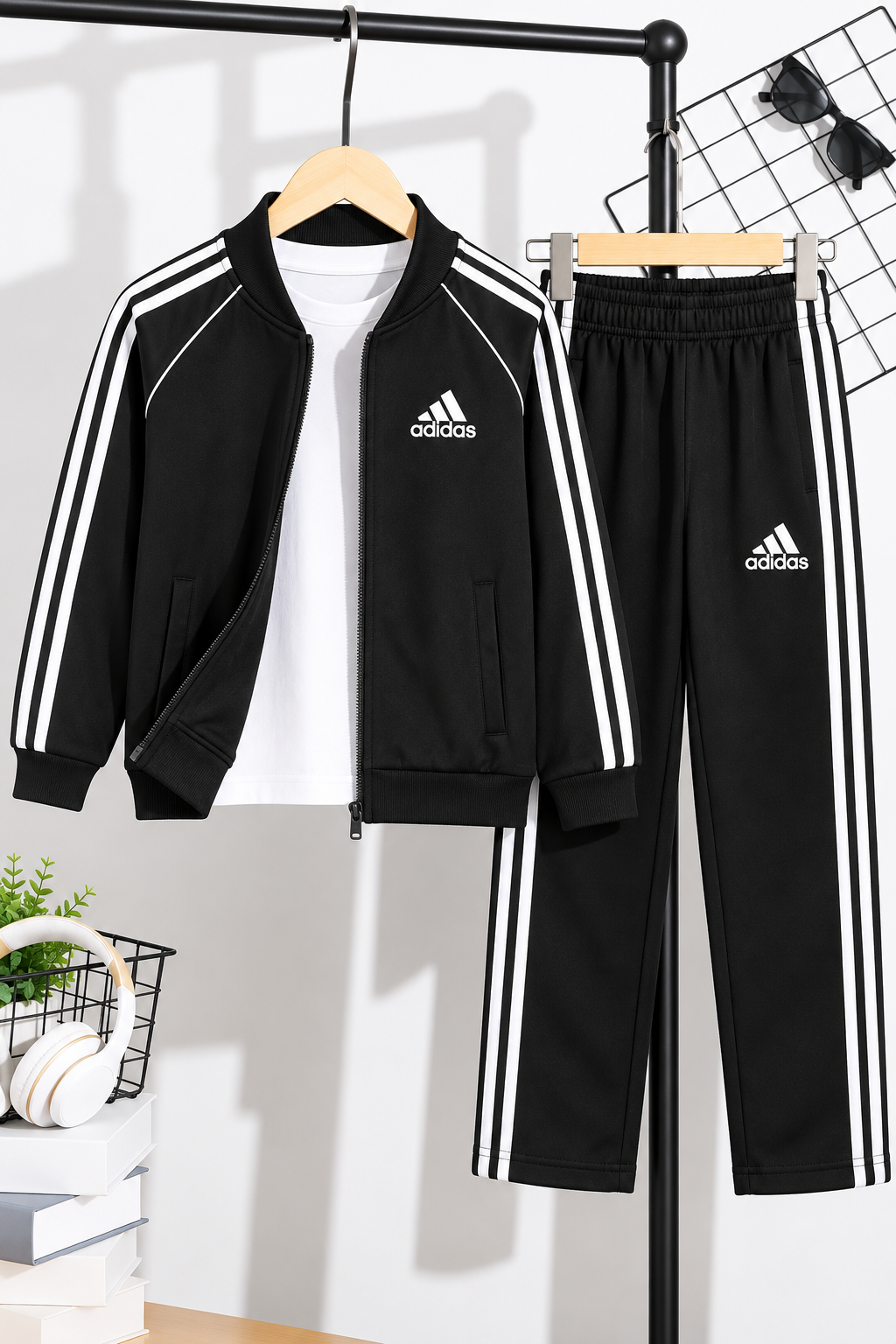 Premium Adi Black Classic Stripe Zipper Tracksuit