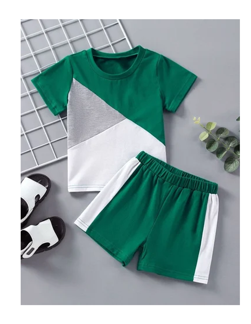 Green Color block Summer T-Shirt & Short