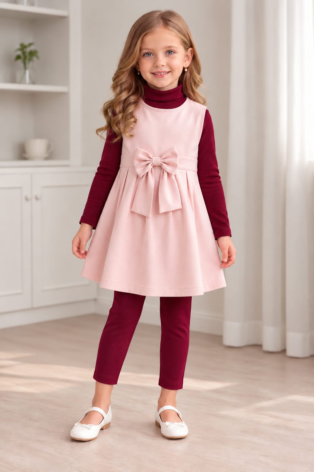 Girls’ Pink Bow Dress & Maroon Leggings 3-Piece Set