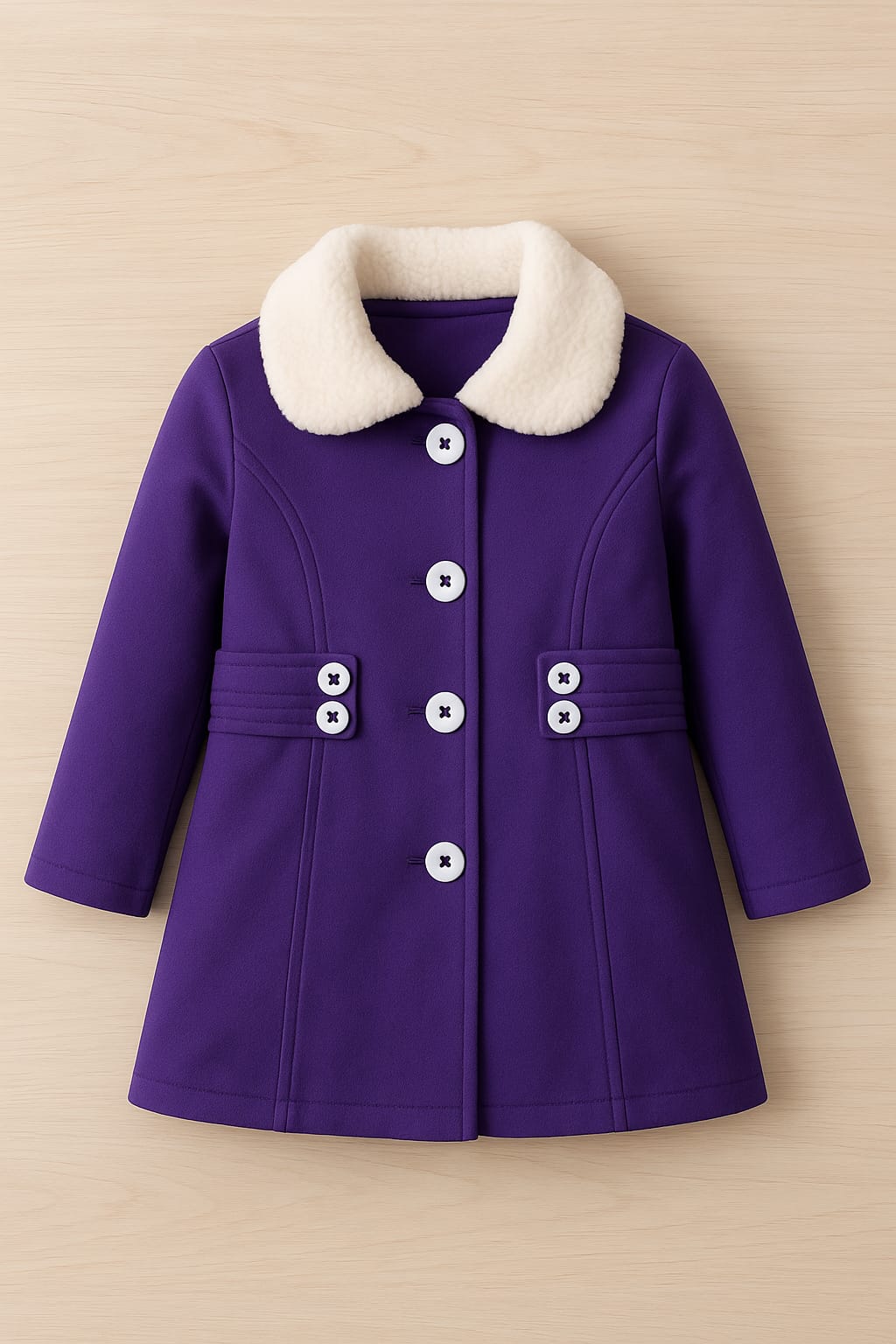 Purple coat with white collar and buttons on a beige background
