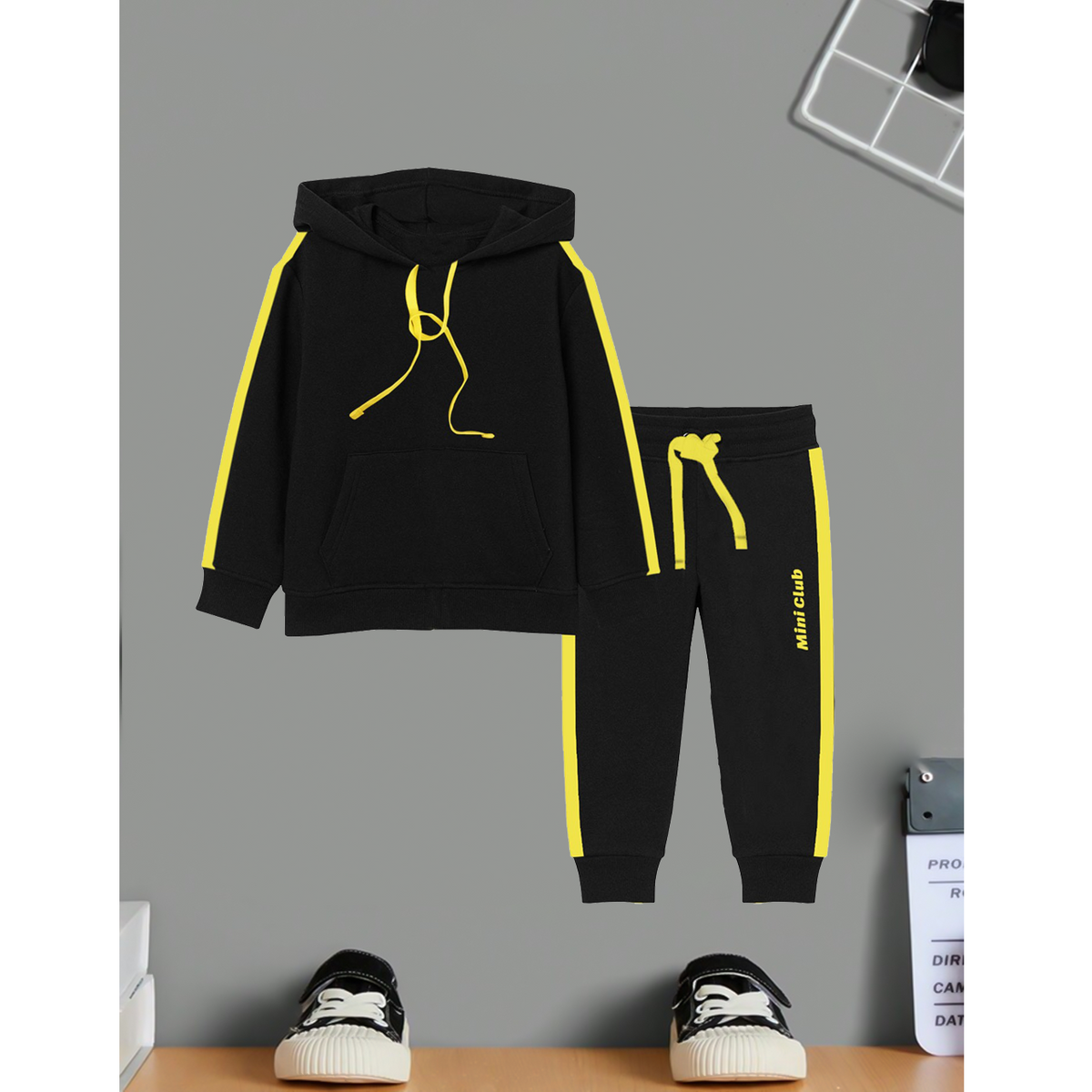 Black Yellow Panel Hood & Trouser Set
