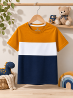 Orange white navy blue color block kids t shirt