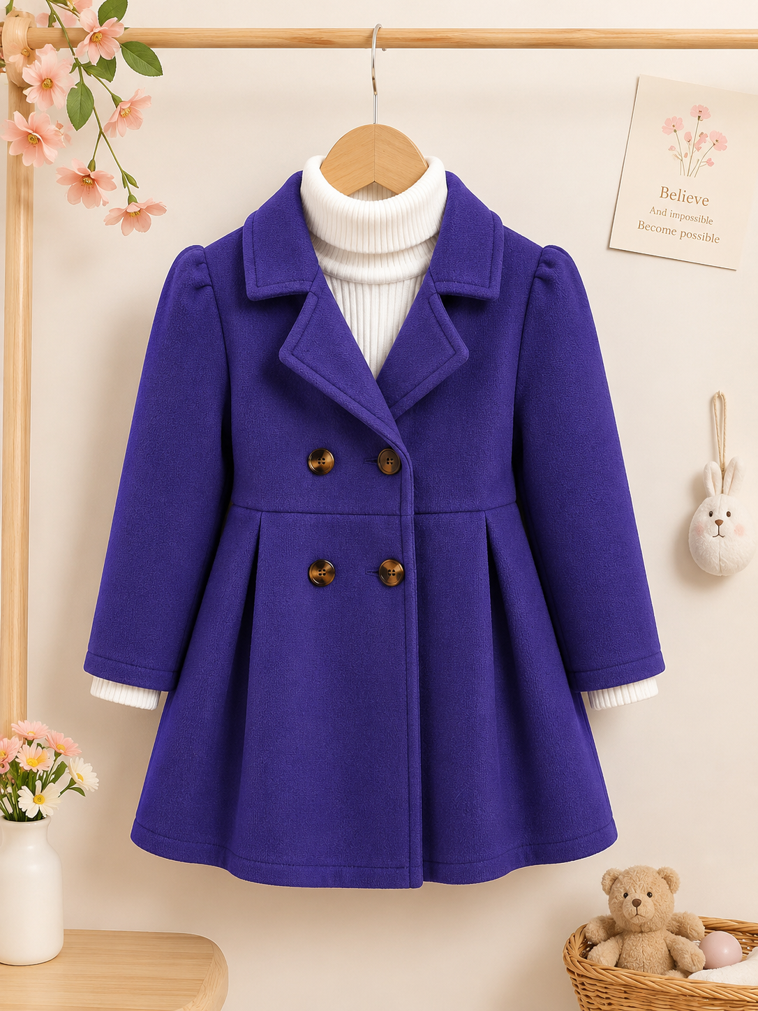 Bella Purple Double-Breasted Kids Winter Coat