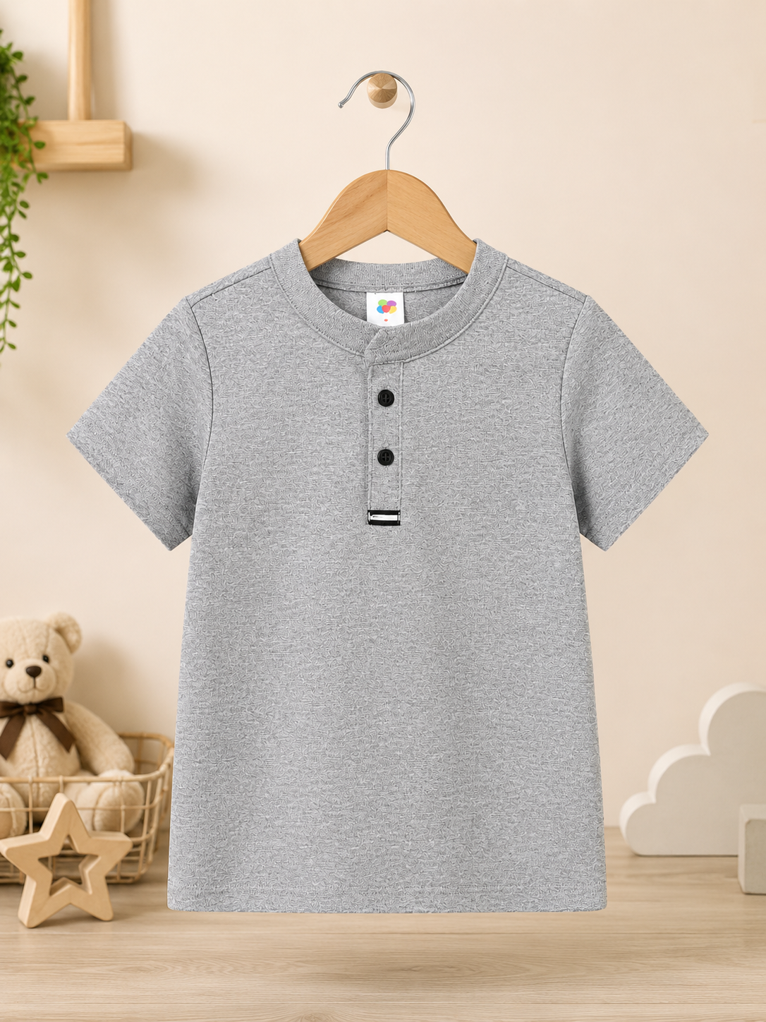 Grey Button up henley kids Summer Shirt