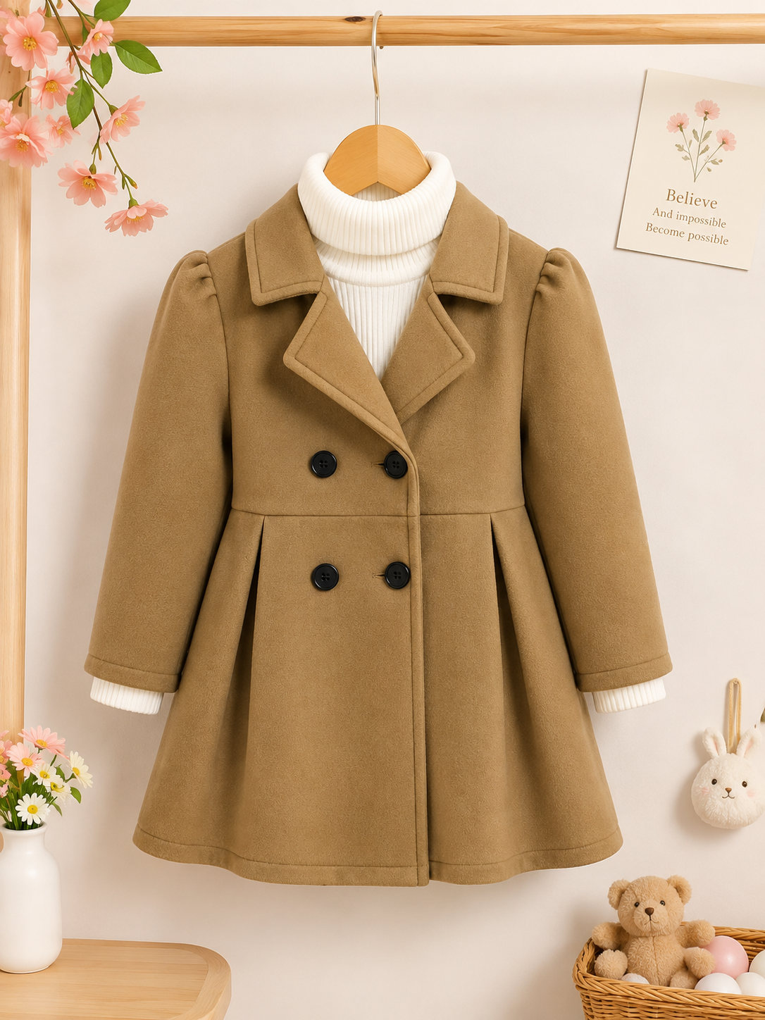 Light Brown Double-Breasted Kids Winter Coat