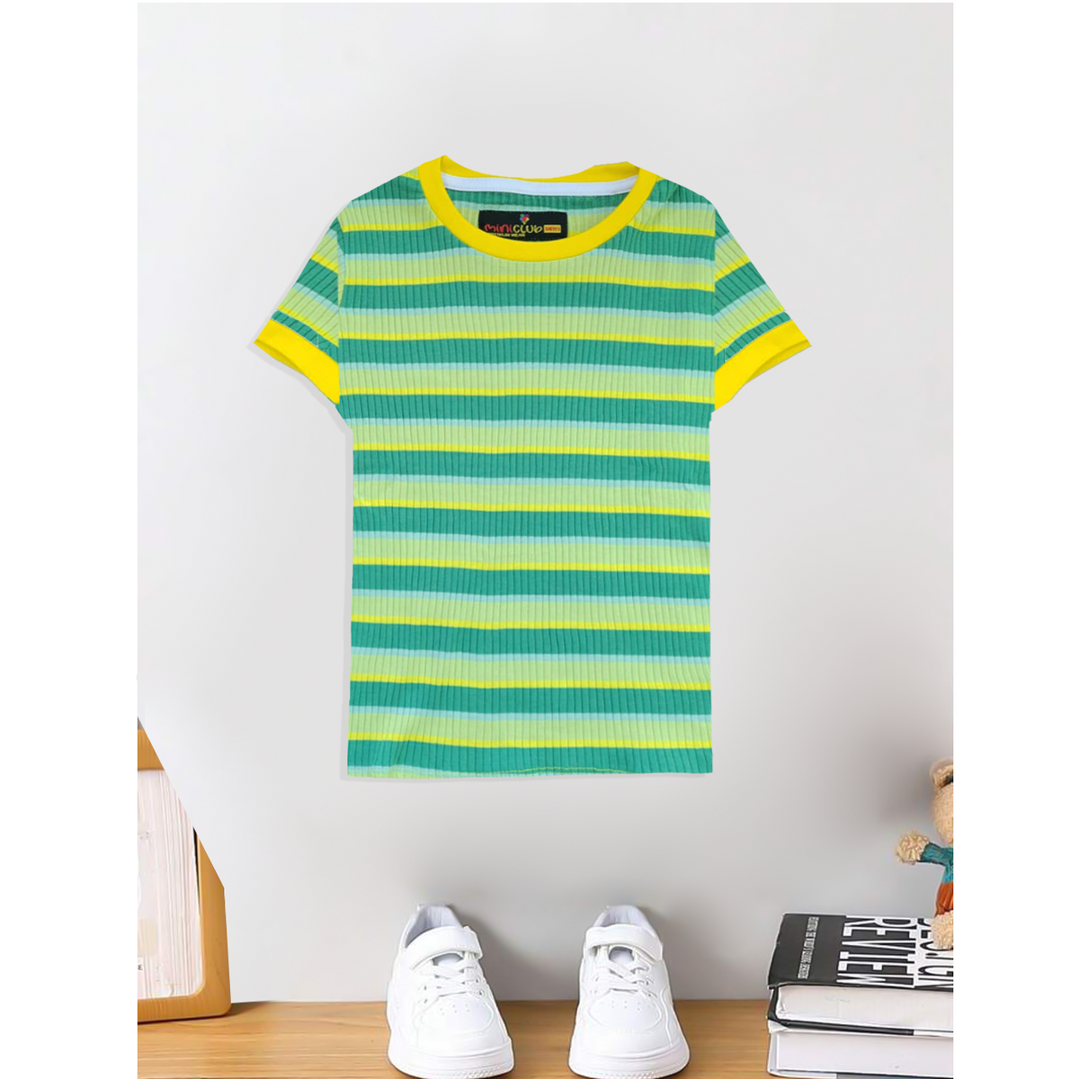 Greeny Striped Rib Girls Kids T-Shirt