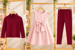 Girls’ Pink Bow Dress & Maroon Leggings 3-Piece Set