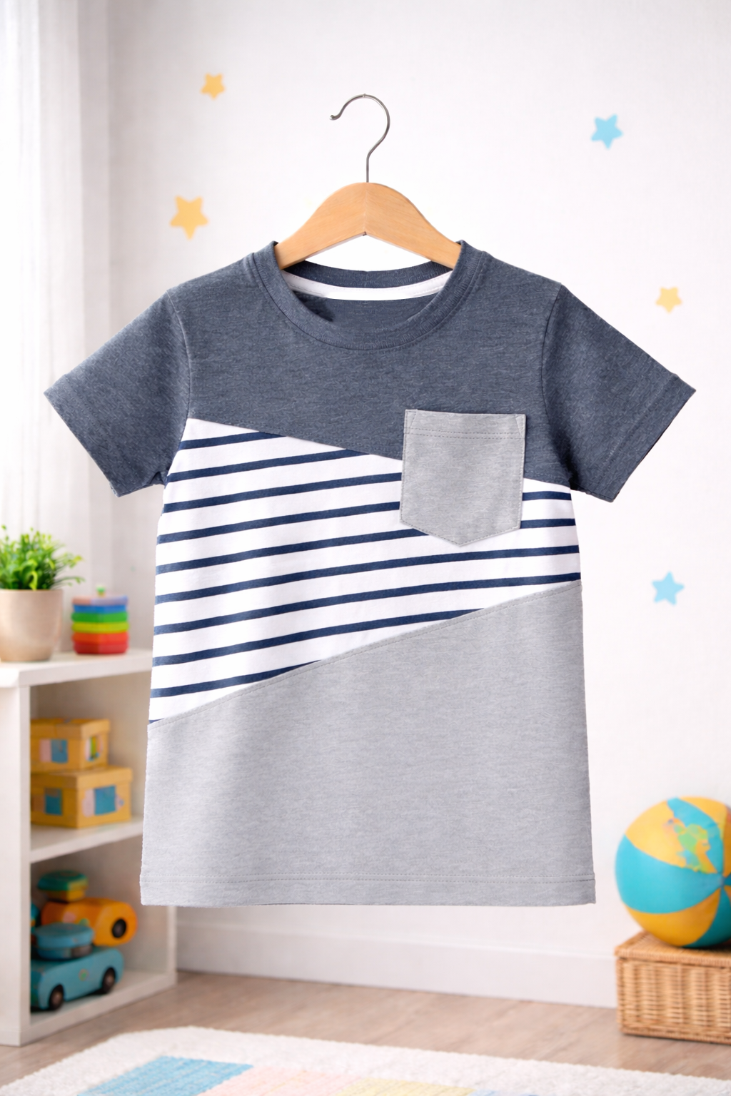 Grey pocket stripe fabric kids t shirt
