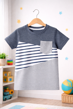 Grey pocket stripe fabric kids t shirt