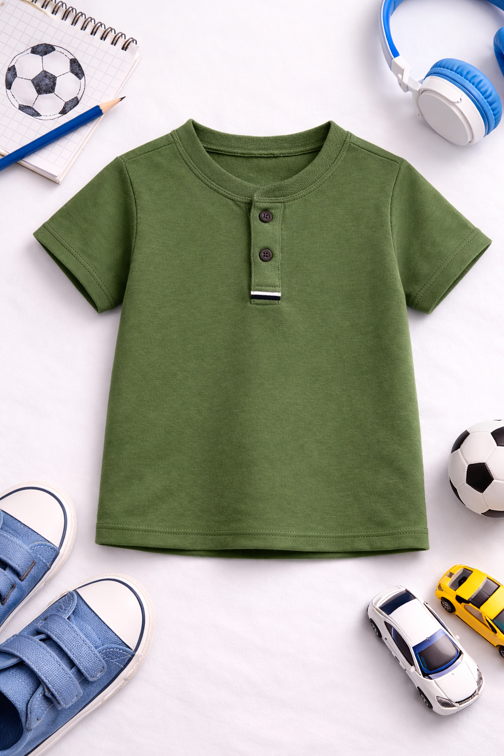 Olive green Color Button up henley kids Summer Shirt