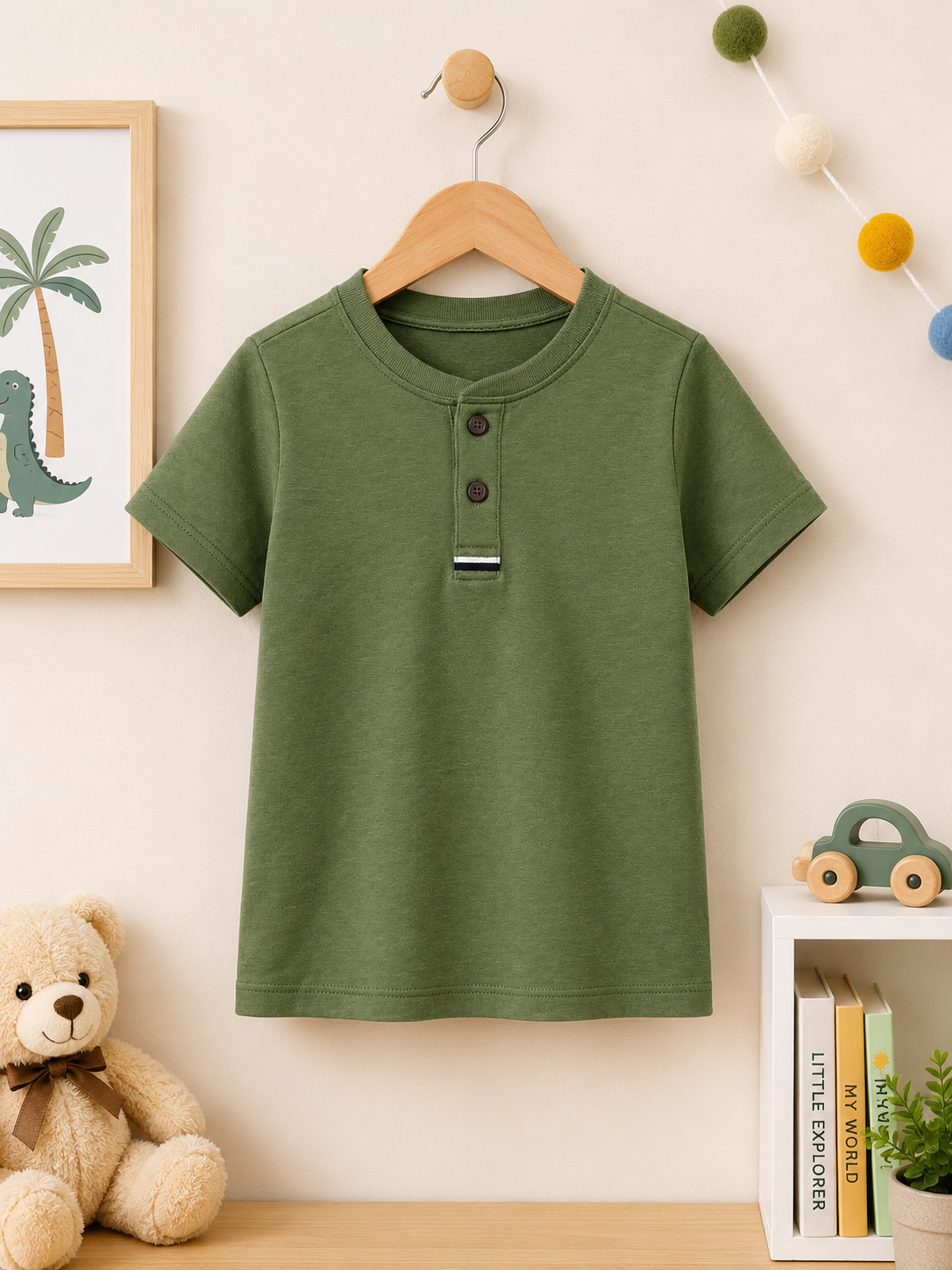 Olive green Color Button up henley kids Summer Shirt