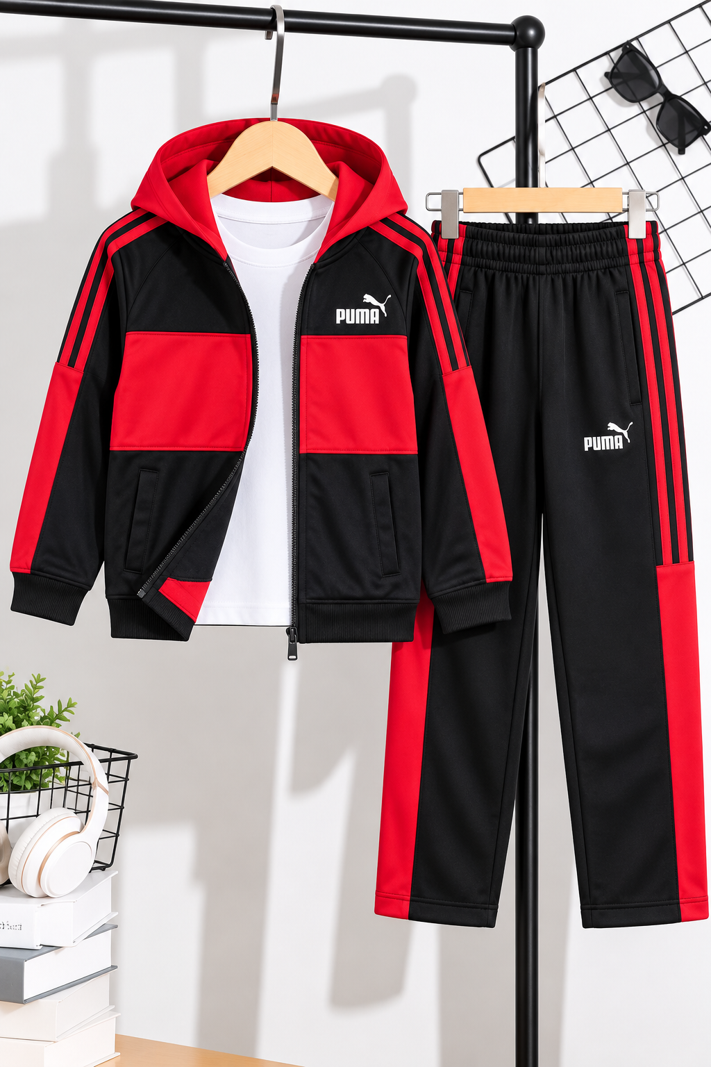 Premium Puma Red & Black Classic Stripe Hood Zipper Tracksuit