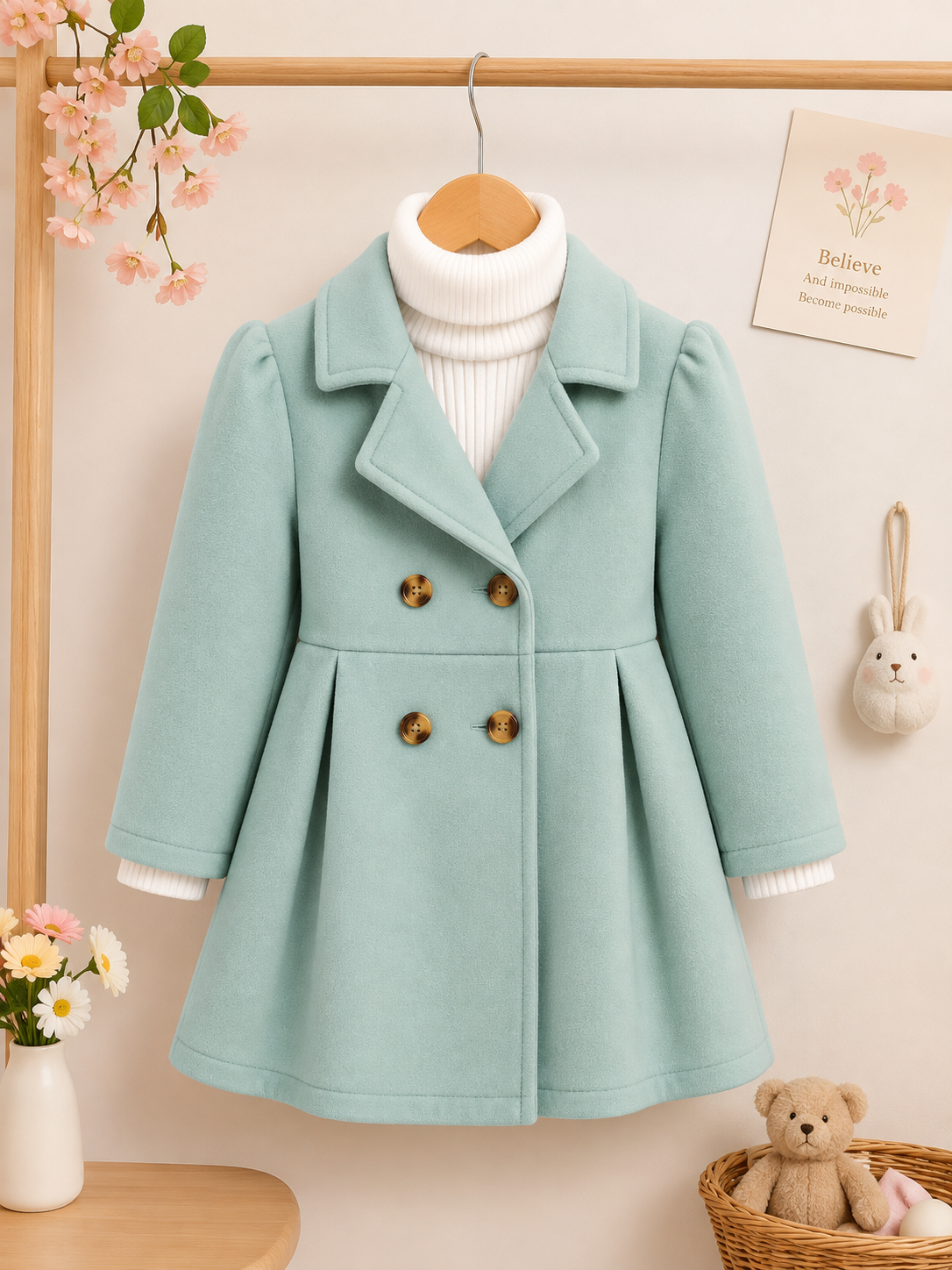Bella Mint Double-Breasted Kids Winter Coat