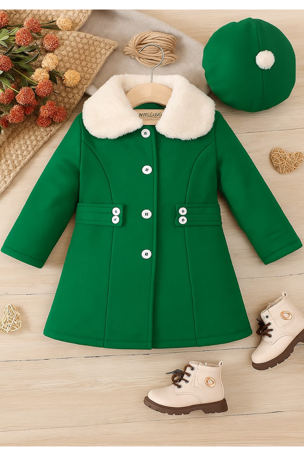 green fleece coat with whool collar