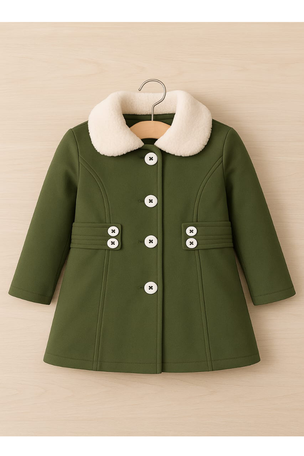 Green coat with white collar on a beige background