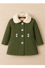 Green coat with white collar on a beige background